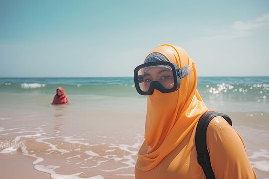 Muslim woman snorkeling on the sea. AI generative