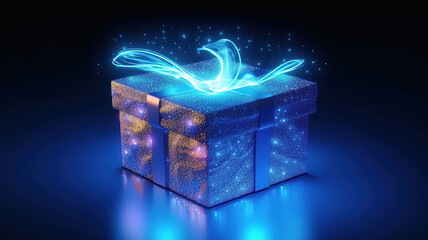 Blue open gift box with magical light. Generative Ai