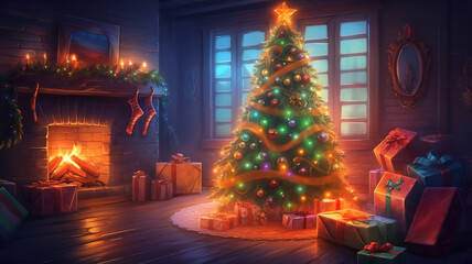 Christmas Tree With Gifts Near A Fireplace With Lights. Generative Ai