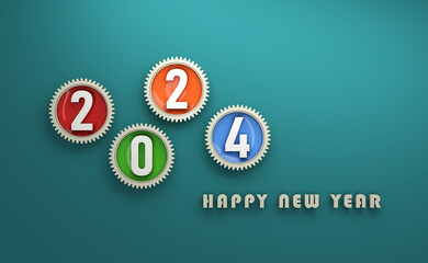 New Year 2024 Creative Design Concept with Gears - 3D Rendered Image	
