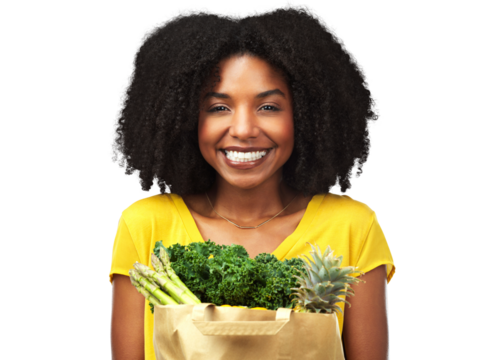 Portrait, nutrition and black girl with supermarket or smile in png or isolated in transparent background. Vegetables, excited and face with grocery shopping for healthy eating or happiness for sale.