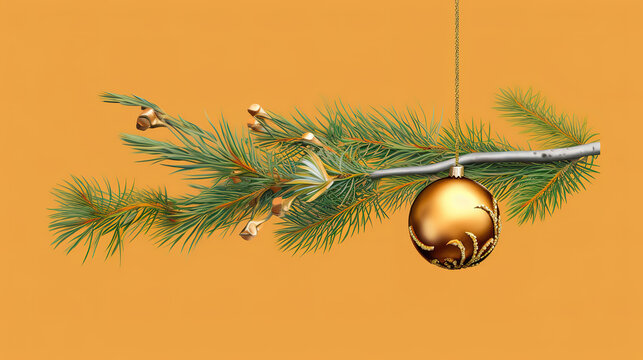 Horizontal image of three balls on the piny branch. Generative Ai