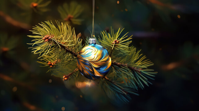 Image of ball and golden tinsel on the piny branch. Generative Ai