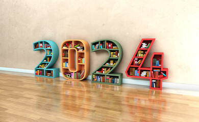 New Year 2024 Creative Design Concept with Book Shelf - 3D Rendered Image	
