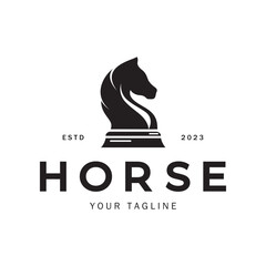 Chess strategy game logo with horse, king, pawn, minister and rook. Logo for chess tournament, chess team, chess championship, chess game application.