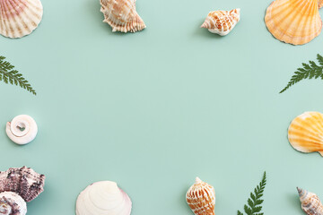 nautical concept seashells and starfish over mint blue wooden background