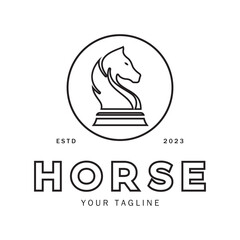 Chess strategy game logo with horse, king, pawn, minister and rook. Logo for chess tournament, chess team, chess championship, chess game application.