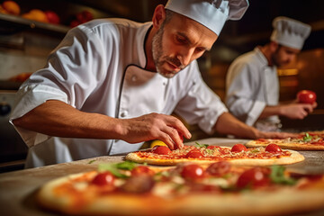 Taste of Italy. A pizzaiolo Chef from Napoles Showcasing a Delicious Piping Hot Pizza. Copy Space. Italian Gastronomy AI Generative	