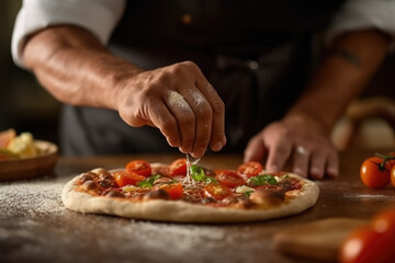 Obraz na płótnie Canvas Taste of Italy. A pizzaiolo Chef from Napoles Showcasing a Delicious Piping Hot Pizza. Copy Space. Italian Gastronomy AI Generative 