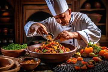 The Art of Moroccan Cooking: Low-Angle Photo Captures a Chef Expertly Dicing Fresh Ingredients for a Traditional Tagine Dish



