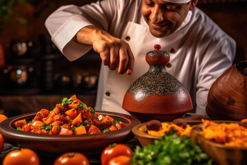 Fototapeta na wymiar The Art of Moroccan Cooking: Low-Angle Photo Captures a Chef Expertly Dicing Fresh Ingredients for a Traditional Tagine Dish