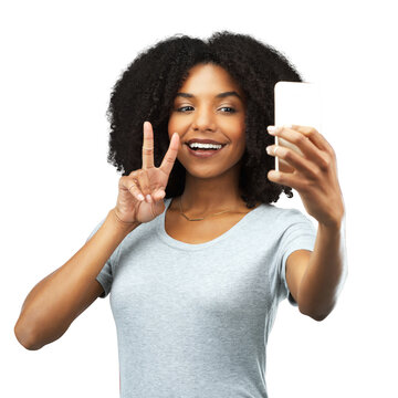 Black woman, peace hand gesture and selfie, gen z and social media influencer isolated on transparent png background. Female model, content creation and smile in picture, live streaming and happiness