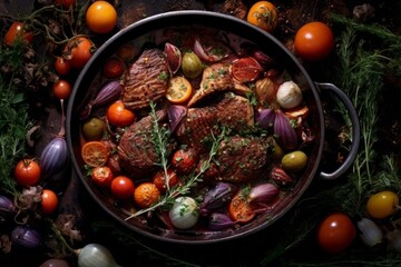 An overhead angle of a Daube Provençale surrounded by its ingredients and herbs