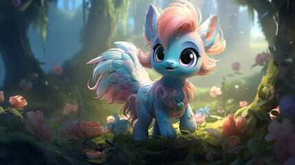  beautiful cute baby pony cartoon unicorn, generative ai