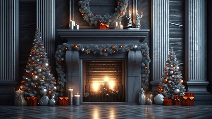 Home interior with Christmas tree and presents 3D Rendering, 3D Illustration. Generative Ai