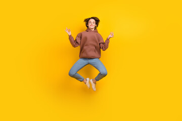 Fototapeta na wymiar Full length cadre of young girl bob hair funky jumper wear sweatshirt closed eyes relaxation meditation isolated on yellow color background
