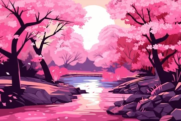 Zelfklevend Fotobehang avenue with colorful pink blossom trees illustration Generative AI © krissikunterbunt