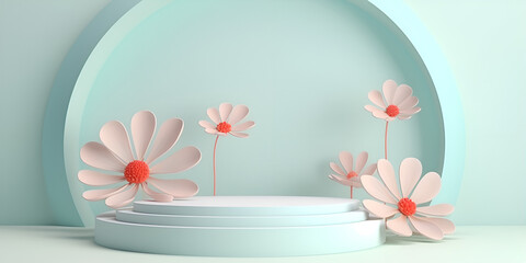  white red cylindrical podium and spring flowers. Scene for the demonstration of a cosmetic product, showcase., Sky blue stage with white flowers, generative Ai