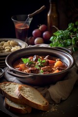 A deliciously plated Daube Provençale served with a side of crusty bread