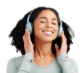 Music, headphones and happy woman relax streaming on isolated, transparent and png background. Radio, smile and female person chilling with podcast, track or online audio with earphone subscription