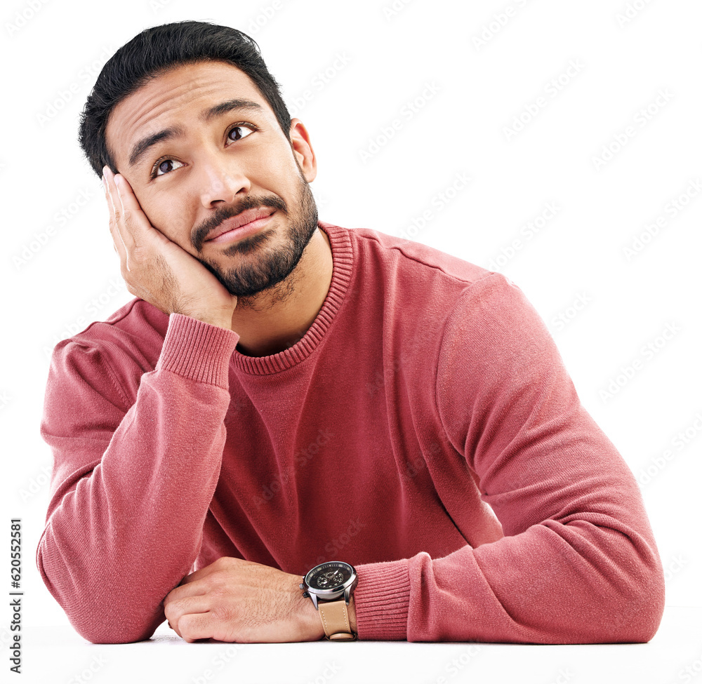 Poster thinking, wondering and man bored and relax looking up isolated in a transparent or png background. 