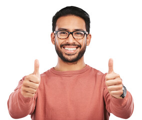 Nerd asian man, portrait and thumbs up for success standing isolated on a transparent PNG background. Male person or geek with like emoji or yes sign for good job, approval or agreement and thank you