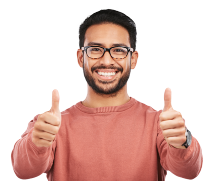 Nerd asian man, portrait and thumbs up for success standing isolated on a transparent PNG background. Male person or geek with like emoji or yes sign for good job, approval or agreement and thank you
