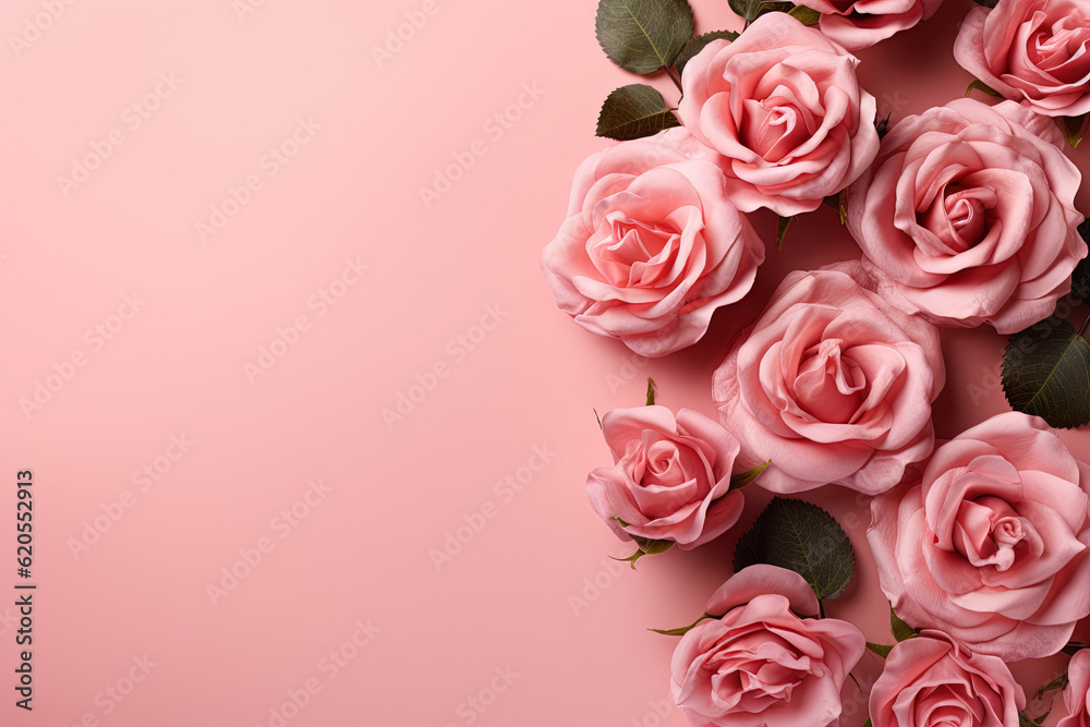 Wall mural Composition of roses on pink background