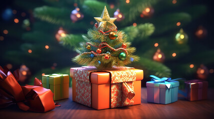 christmas gift over colorful christmas lights. Generative Ai
