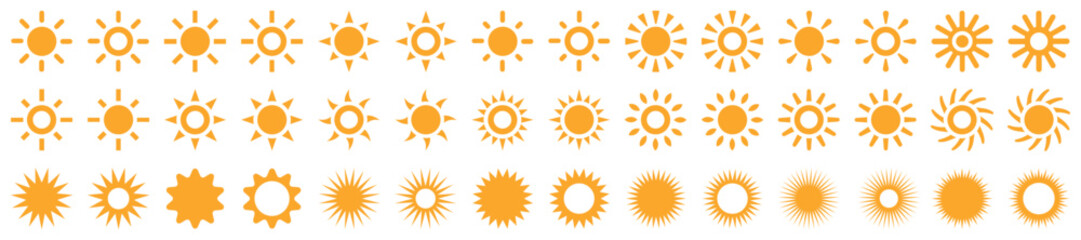 Set of sun icons. Sunshine, solar symbol. Sunset, summer, sunrise, screen brightness. Decorative circle with rays. Vector.