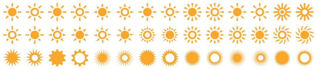 Fototapeta premium Set of sun icons. Sunshine, solar symbol. Sunset, summer, sunrise, screen brightness. Decorative circle with rays. Vector.