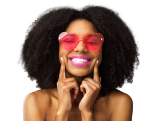 Black woman, portrait smile and afro with glasses for stylish fashion isolated on a transparent PNG background. Happy African female person, curly hair and makeup smiling in satisfaction for beauty