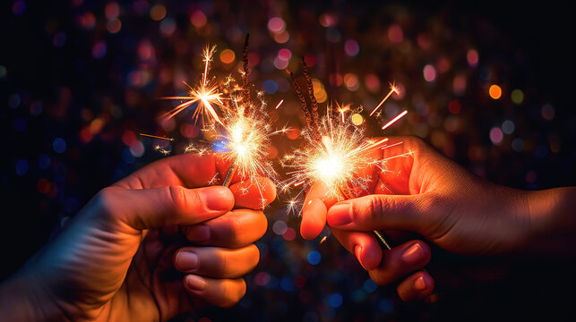 Close up shot of hand holding sparklers against dark background. Generative Ai