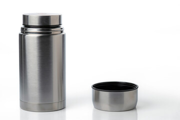 Stainless-steel vacuum food jar isolated on a white background.