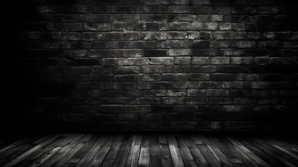 wood table brick wallpaper dark black grunge texture background. Generative Ai