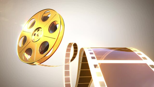 Gold Cinema Reel. Animated 
 vintage reel strip. Movie reel rotates on the light background. Looped.