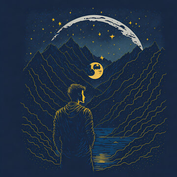 Nightfall Serenade: A Young Man's Melodic Musings Beneath Moonlit Mountains!