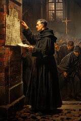 Martin Luther pointing to the 95 theses against the contemporary practice of the Catholic Church Generative AI Illustration - obrazy, fototapety, plakaty