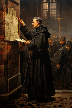 Martin Luther pointing to the 95 theses against the contemporary practice of the Catholic Church Generative AI Illustration