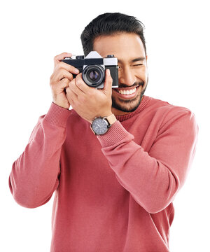 Photography, happy and young man with a camera for creativity or photoshoot production job. Happiness, smile and male photographer taking pictures for paparazzi or media by transparent png background