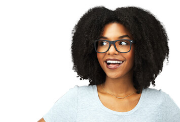 Thinking, wow and happy woman or student, creative ideas and glasses isolated on transparent png...