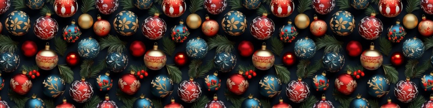 Christmas holiday celebration decoration background banner panorama, long texture - Chrsitmas ornaments, baubles and pine brnaches, on dark blue table, top view, seamless pattern (Generative Ai)