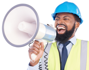 Megaphone, shouting and construction or engineer black man isolated on a transparent, png background. Voice, angry and loudspeaker of a frustrated male technician for human rights in engineering