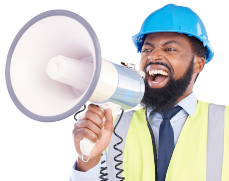 Megaphone, shouting and construction or engineer black man isolated on a transparent, png background. Voice, angry and loudspeaker of a frustrated male technician for human rights in engineering