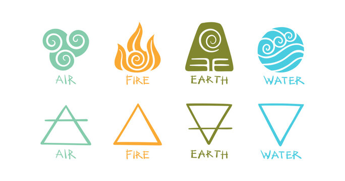 Hand-drawn Elemental Symbols  of air, fire, earth and water. Icon set vector illustration isolated on white background