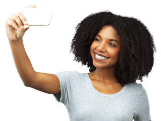 Black woman, happy and selfie with social media influencer and blog isolated on transparent png background. Female model, content creation and smile in picture with live streaming and happiness
