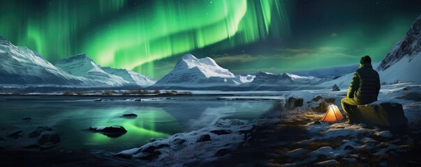 Green Aurora borealis at night with tent in iiceland nature, night, panorama. Generative Ai.