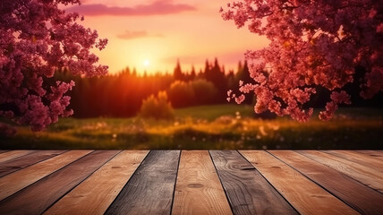 Naklejka na ściany i meble wood board table in front of field of wheat on sunset light. Generative Ai