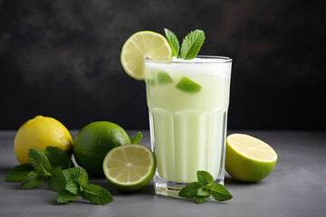 Brazilian limeade presentation with fresh mint and lime on a grey backdrop