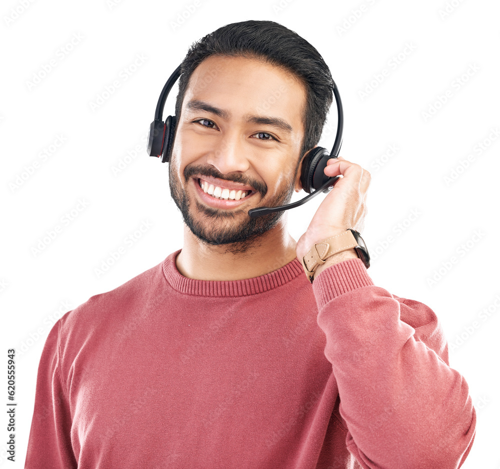 Aufkleber Call center, consulting and smile with portrait of man on png for customer service, networking and advice. Technical support, contact us and agent with consultant isolated on transparent background